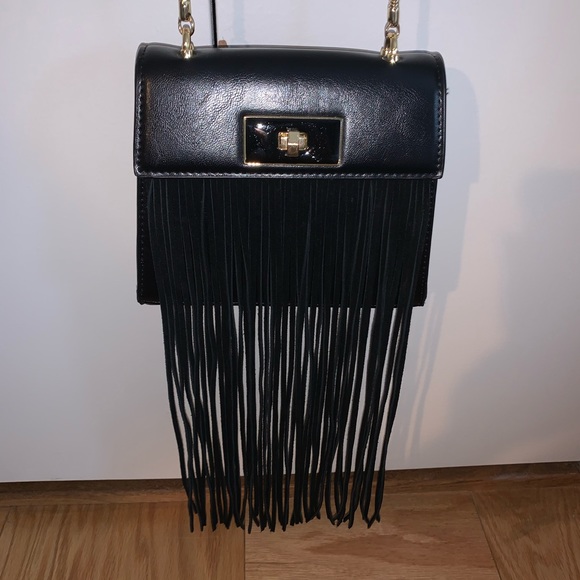 Black Velvet Fringe Gold Strap Bag - Picture 2 of 7